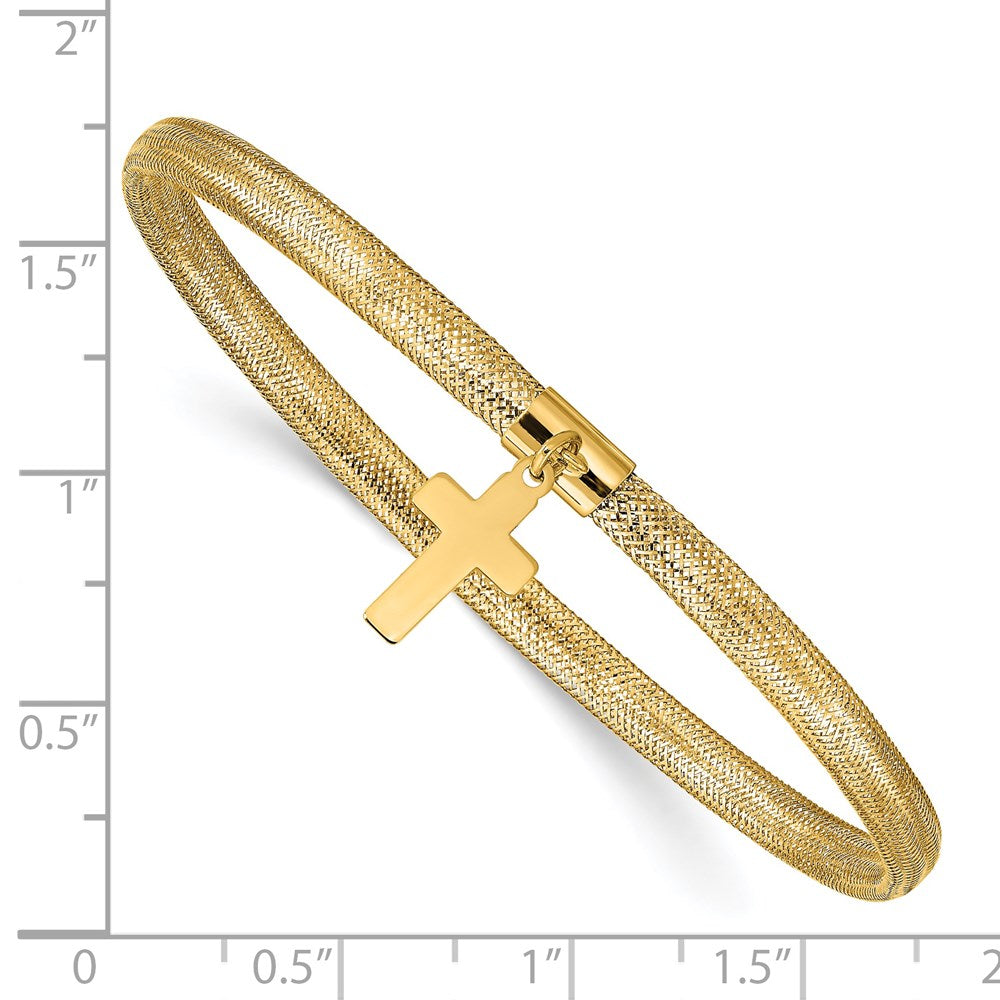 14K Yellow Gold Mesh Cross Dangle Stretch Bracelet