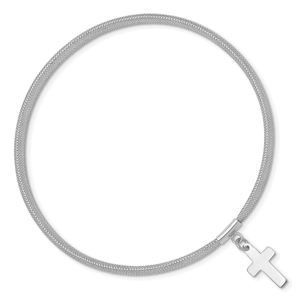 14k with White Rhodium Plating Mesh Cross Dangle Stretch Bracelet