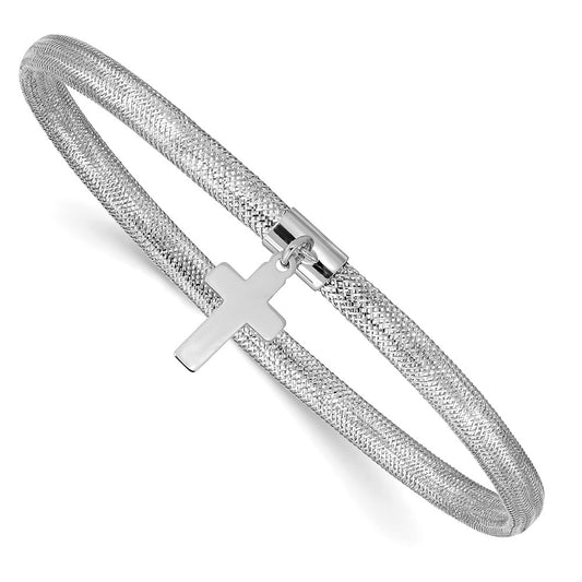 14k with White Rhodium Plating Mesh Cross Dangle Stretch Bracelet