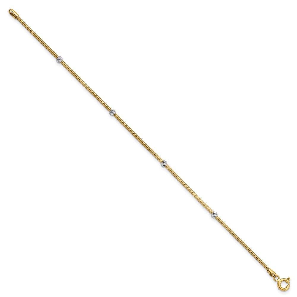 14K Yellow Gold with Rhodium Woven Flexible D/C Beads Bracelet