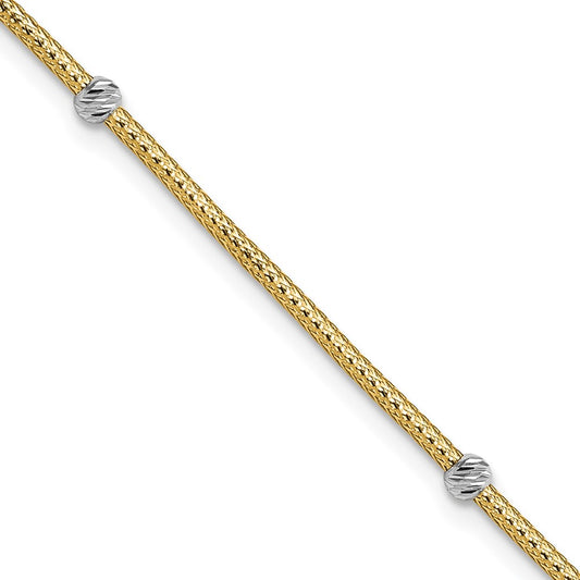 14K Yellow Gold with Rhodium Woven Flexible D/C Beads Bracelet
