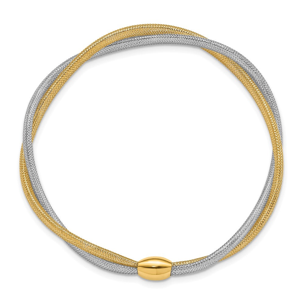 14K Yellow Gold with Rhodium Twisted Woven Mesh Stretch Bracelet