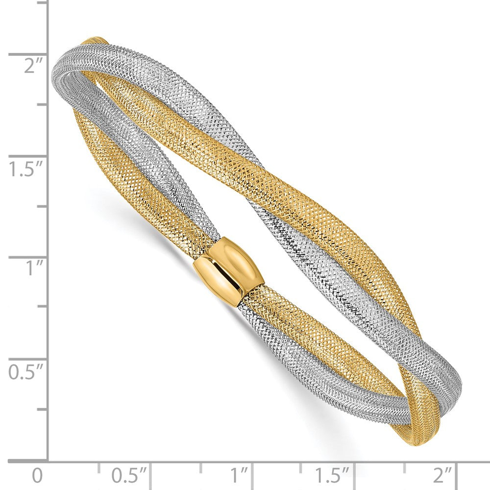 14K Yellow Gold with Rhodium Twisted Woven Mesh Stretch Bracelet