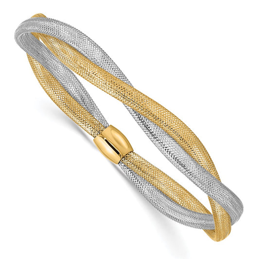 14K Yellow Gold with Rhodium Twisted Woven Mesh Stretch Bracelet