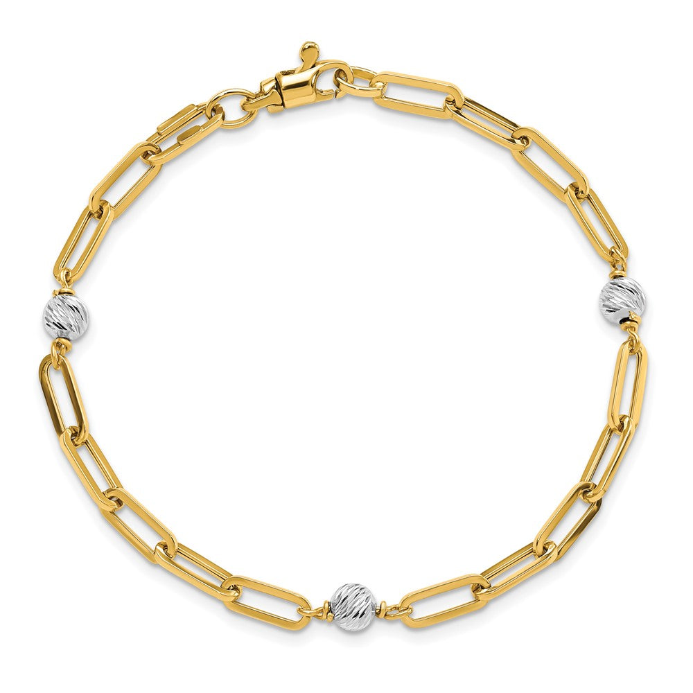 14K Yellow Gold Two-tone Polished D/C Beads & Fancy Link Bracelet