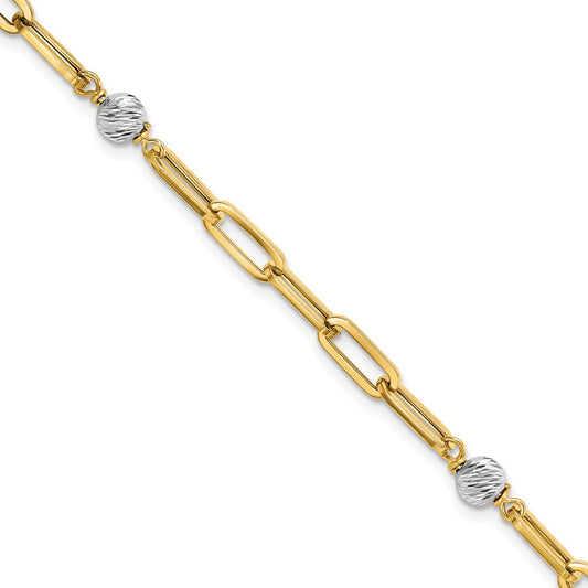 14K Yellow Gold Two-tone Polished D/C Beads & Fancy Link Bracelet