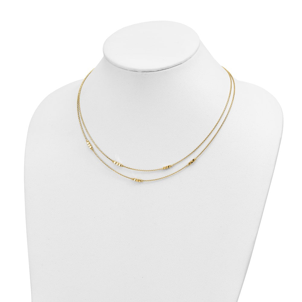 14K Yellow Gold Polished D/C Beaded Double Strand w/1 inch ext. Necklace