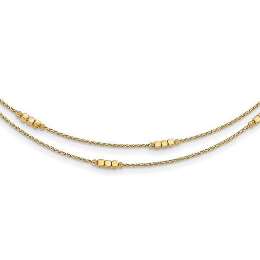 14K Yellow Gold Polished D/C Beaded Double Strand w/1 inch ext. Necklace