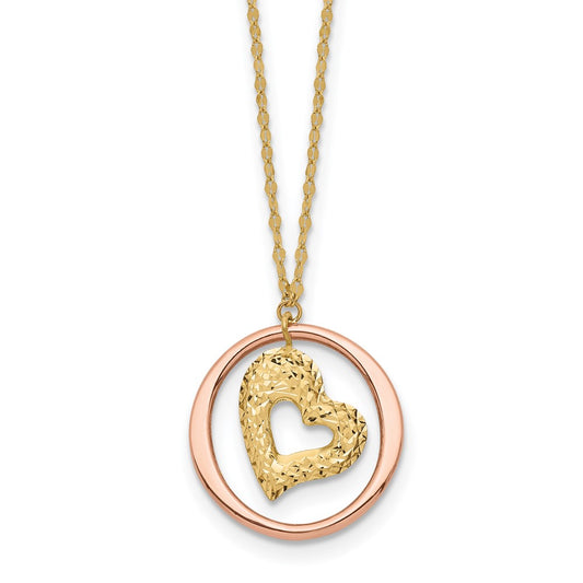 14K Two Tone Fancy Link D/C Heart in Open Circle Necklace