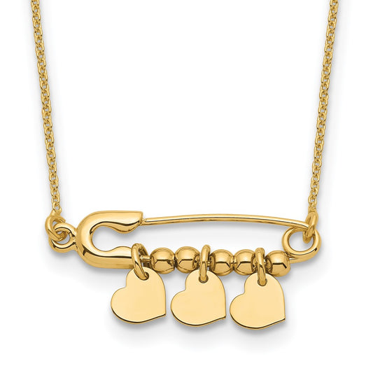 14K Safety Pin with Dangle Hearts Necklace
