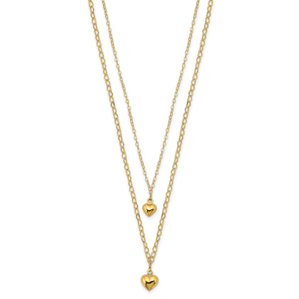 14K Double Layer Heart Link Polished Hearts 2 in ext. Necklace