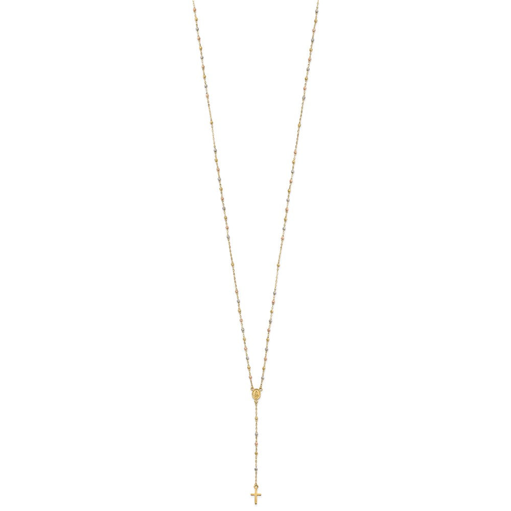 14k Yellow Gold Tri-color Beaded Rosary 17 inch Necklace with 3 inch extension