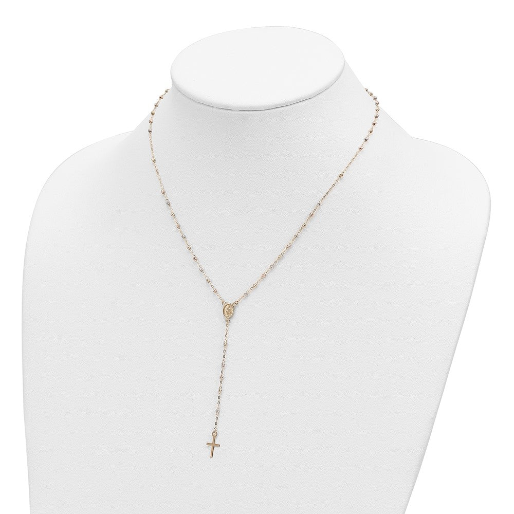 14k Yellow Gold Tri-color Beaded Rosary 17 inch Necklace with 3 inch extension