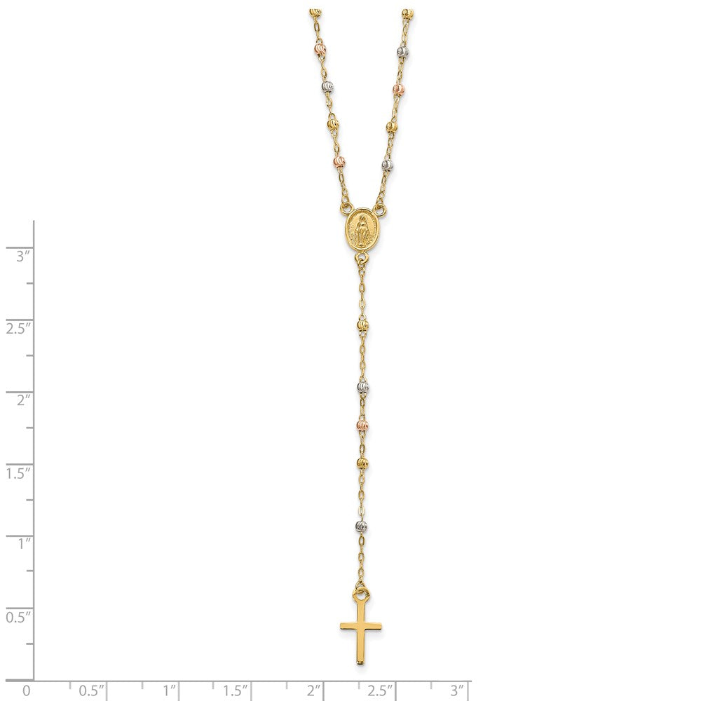 14k Yellow Gold Tri-color Beaded Rosary 17 inch Necklace with 3 inch extension