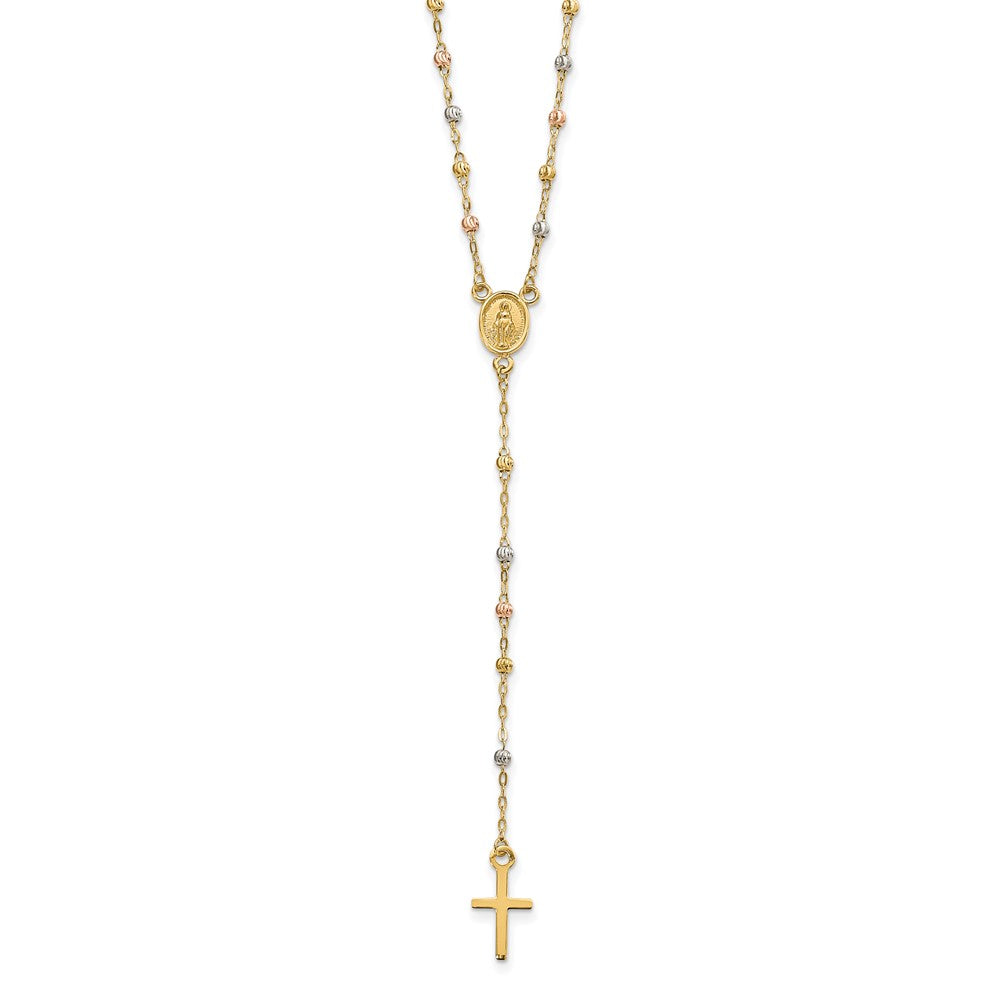 14k Yellow Gold Tri-color Beaded Rosary 17 inch Necklace with 3 inch extension
