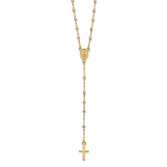14k Yellow Gold Tri-color Beaded Rosary 17 inch Necklace with 3 inch extension