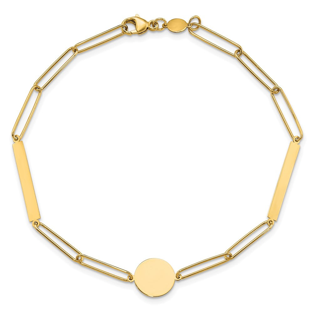 14K Yellow Gold Polished Paperclip Link with Circle and Bar 8.25in Bracelet