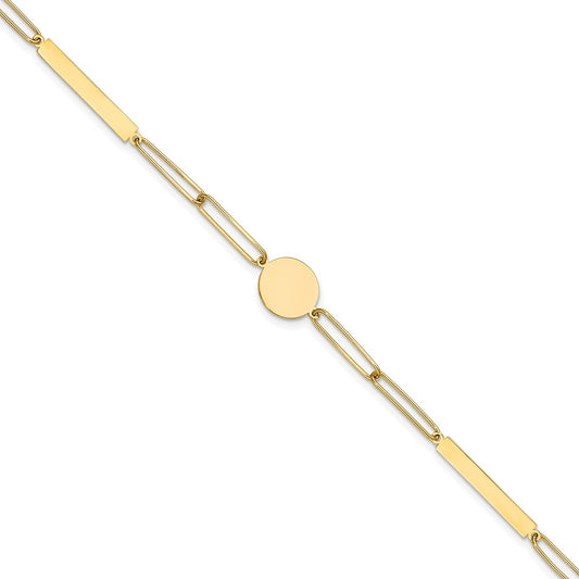 14K Yellow Gold Polished Paperclip Link with Circle and Bar 8.25in Bracelet