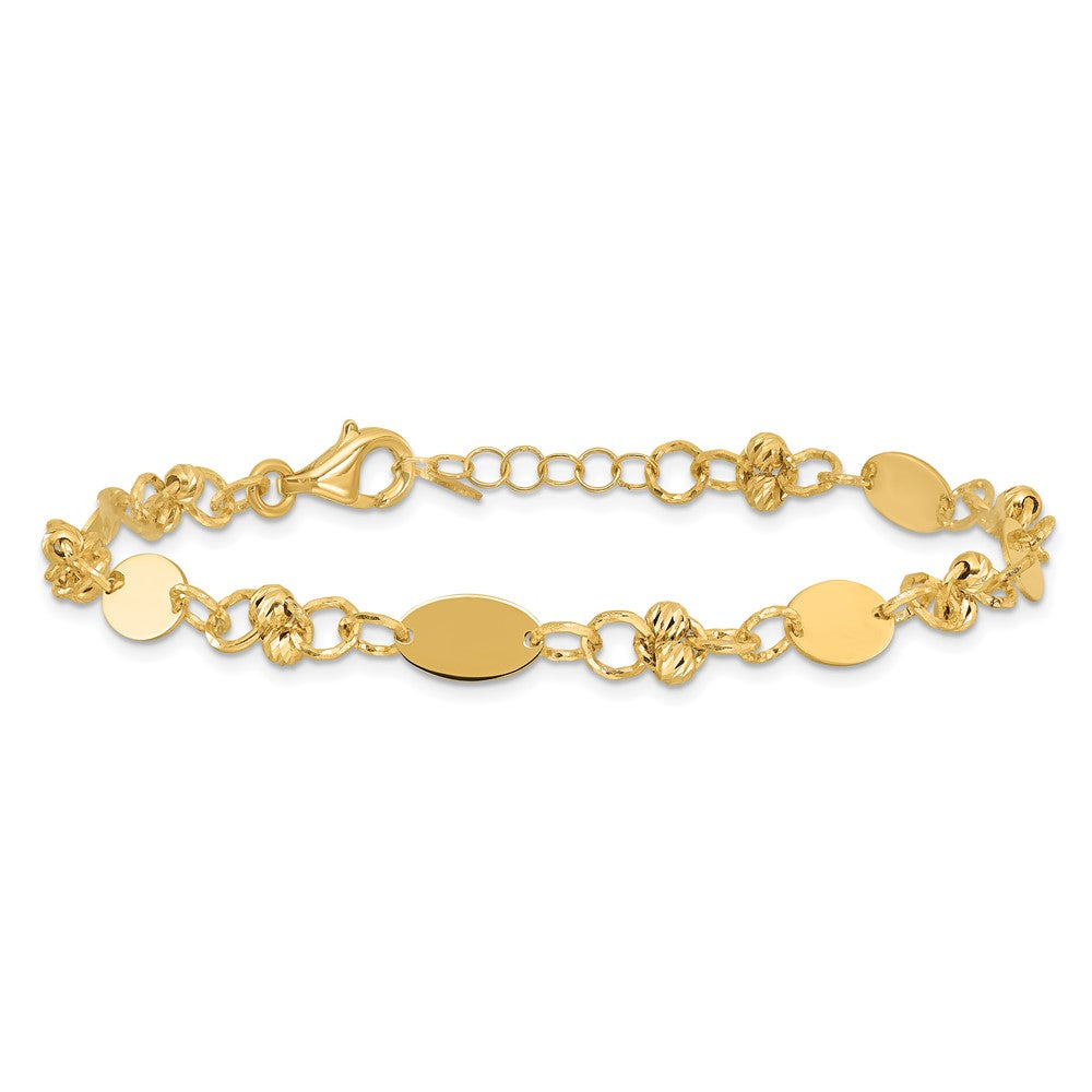 14K Yellow Gold Polished and Diamond-cut Beaded Fancy Plus 1in ext. Bracelet