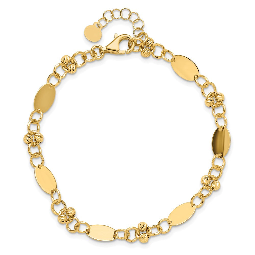 14K Yellow Gold Polished and Diamond-cut Beaded Fancy Plus 1in ext. Bracelet