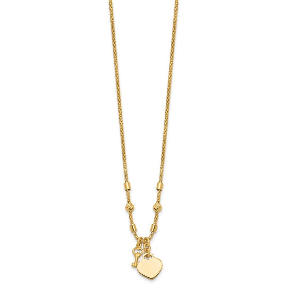 14K Polished and Diamond-cut Lock and Heart Charm Necklace
