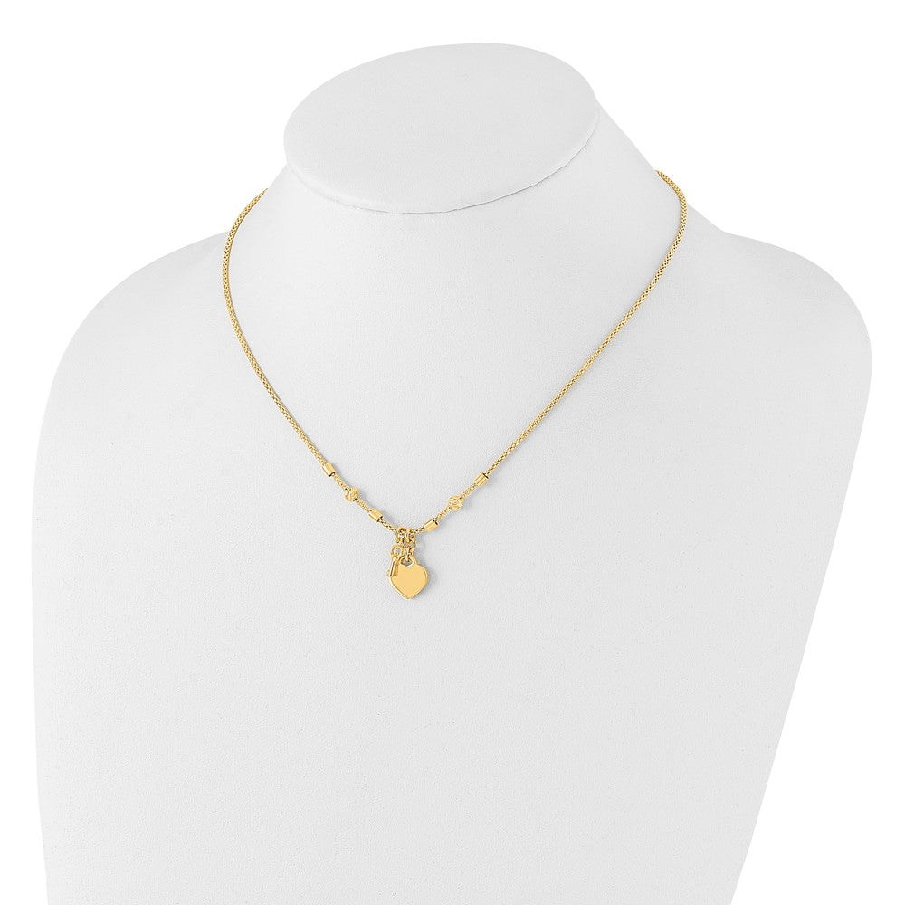 14K Polished and Diamond-cut Lock and Heart Charm Necklace