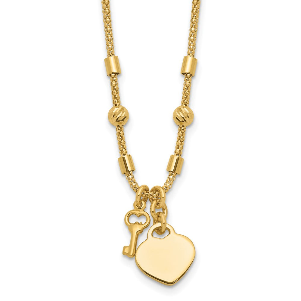 14K Polished and Diamond-cut Lock and Heart Charm Necklace