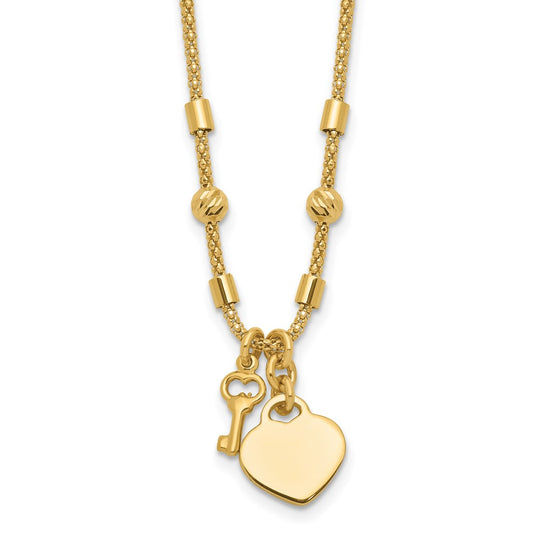 14K Polished and Diamond-cut Lock and Heart Charm Necklace
