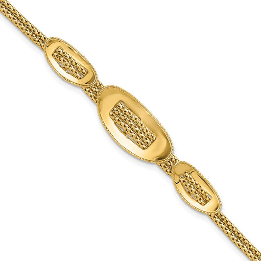 14K Yellow Gold Polished and Textured Fancy Plus 1.5in ext. Bracelet