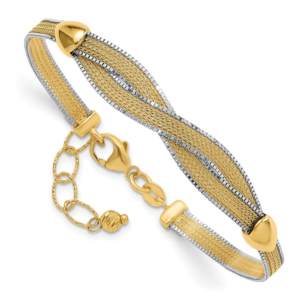 14k Yellow Gold Two-tone 6.75in w/1in Ext. Mesh Bracelet