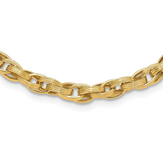 14K Polished & Grooved Fancy Oval Link Necklace