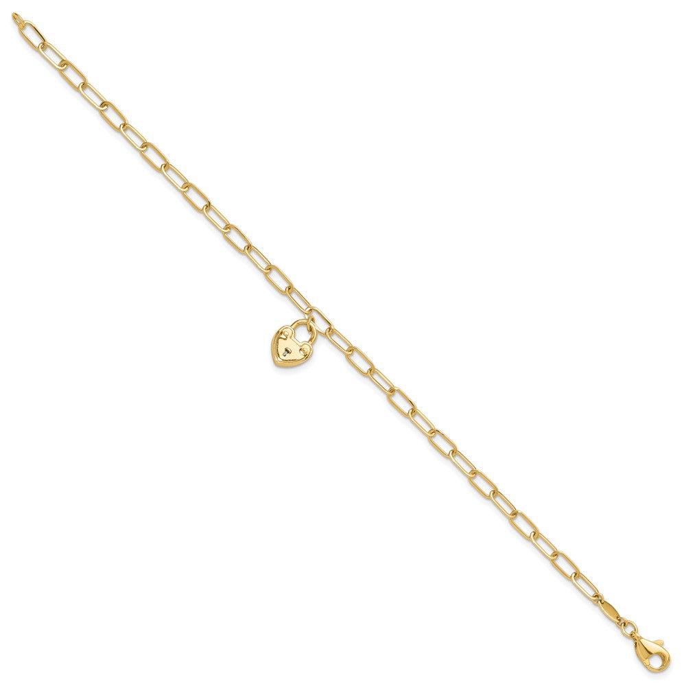 14K Polished Heart Lock Charm Paperclip Link Bracelet