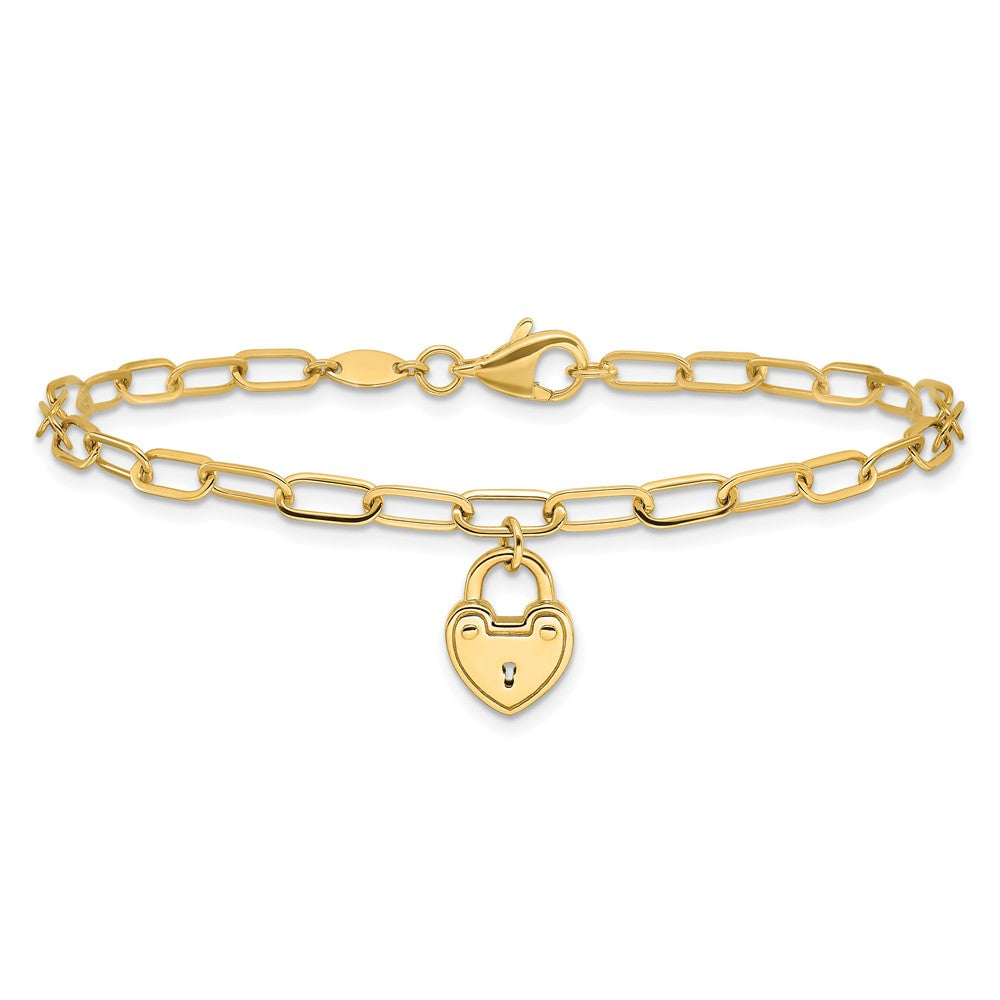 14K Polished Heart Lock Charm Paperclip Link Bracelet