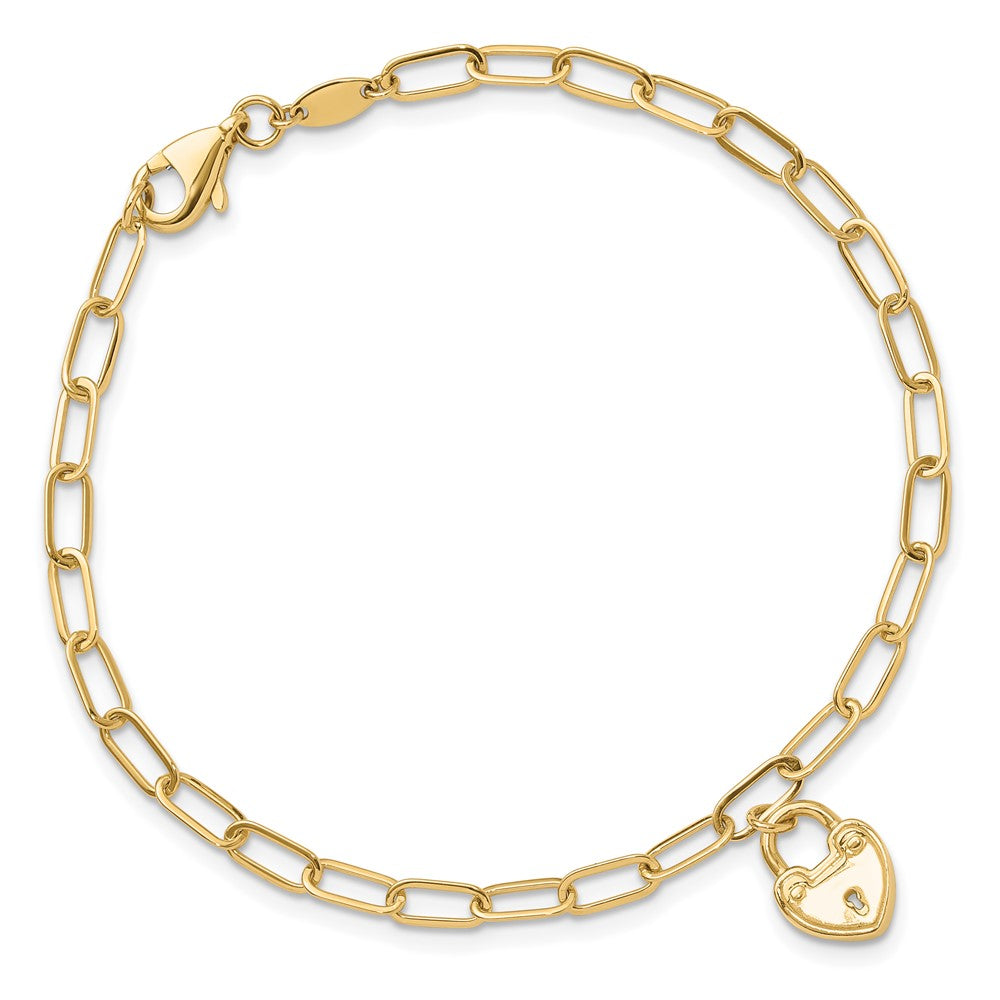 14K Polished Heart Lock Charm Paperclip Link Bracelet