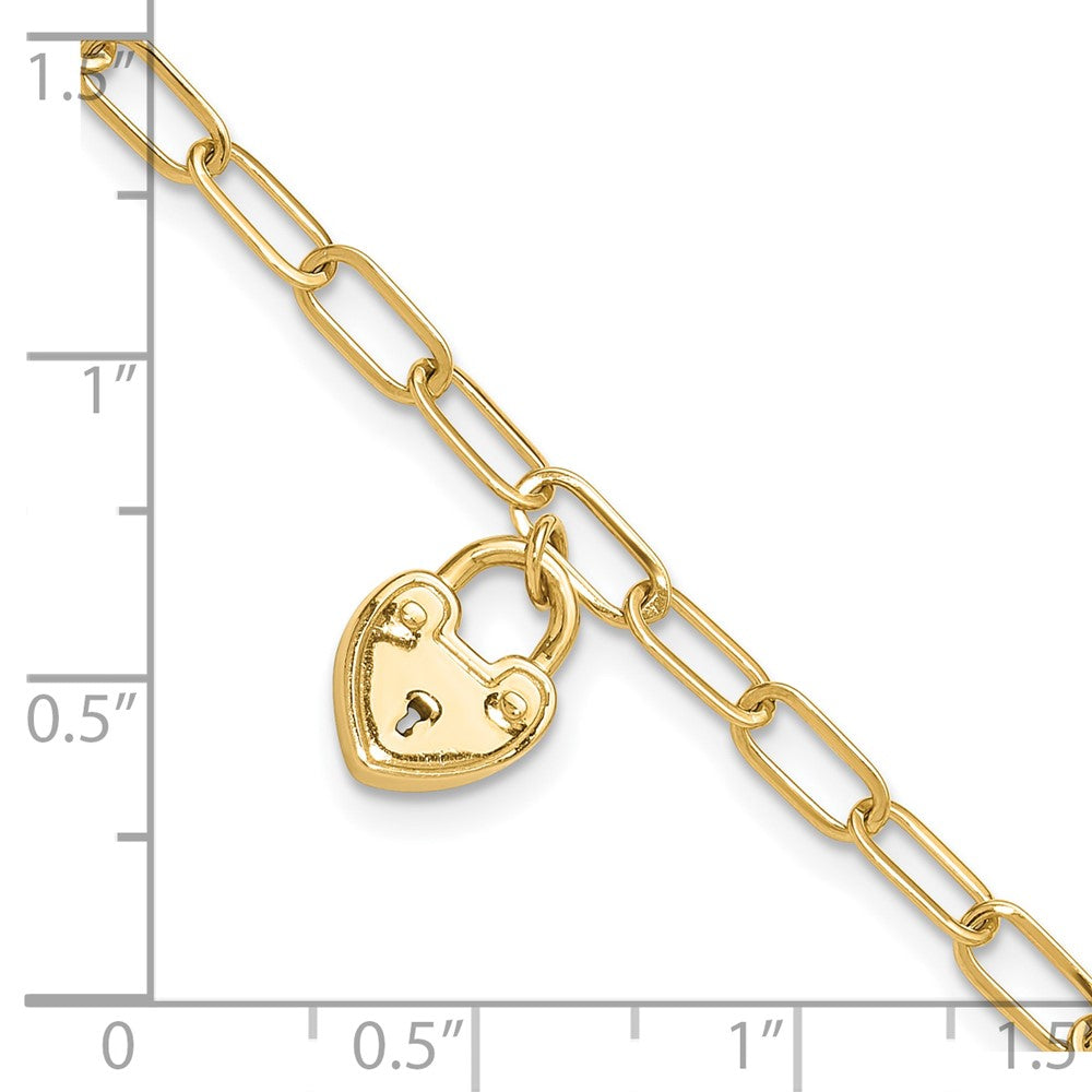 14K Polished Heart Lock Charm Paperclip Link Bracelet
