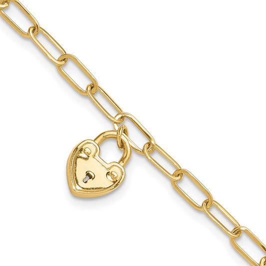 14K Polished Heart Lock Charm Paperclip Link Bracelet