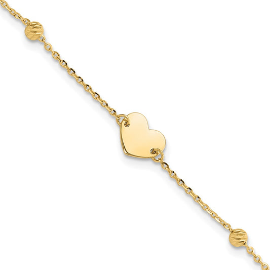14k Yellow Gold Polished and Diamond-cut Heart and Beads Plus 1in ext. Bracelet