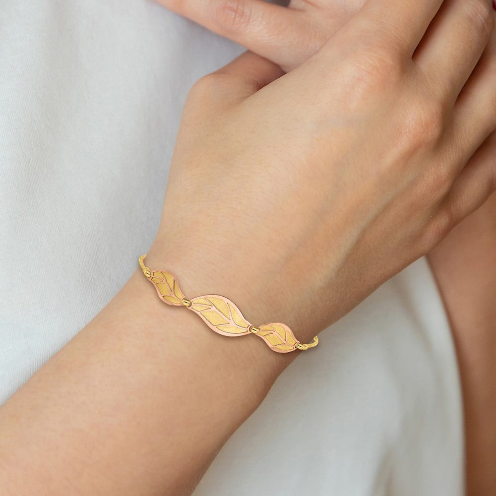 14K Two-tone Rose and Yellow Polished / Brushed Leaf w/ 1.5in ext. Bracelet