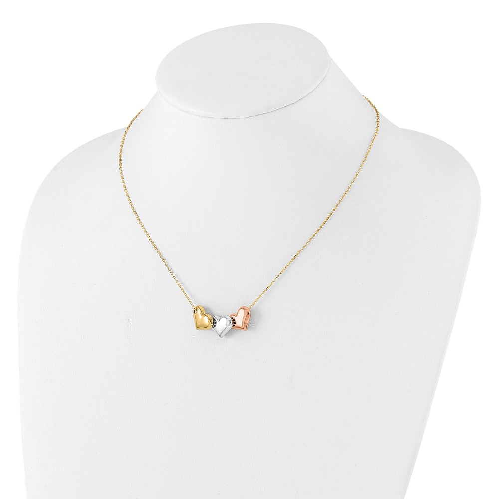 14K Tri-color Polished Hearts 17 in w/ 1in ext. Necklace