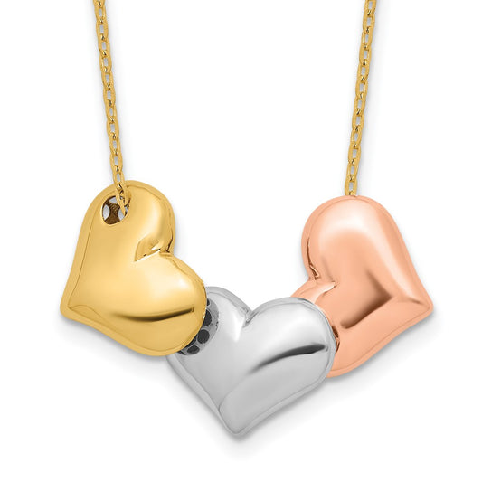 14K Tri-color Polished Hearts 17 in w/ 1in ext. Necklace