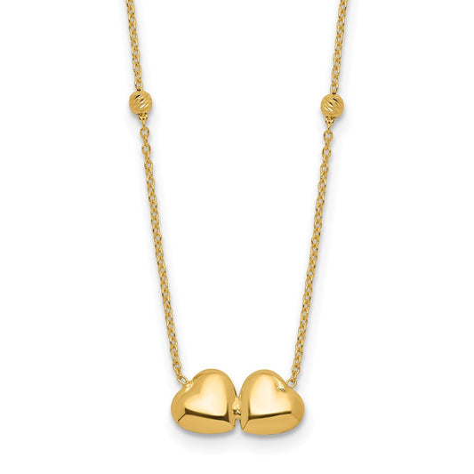 14K D/C Beaded Double Heart 16in w/2in ext. Necklace