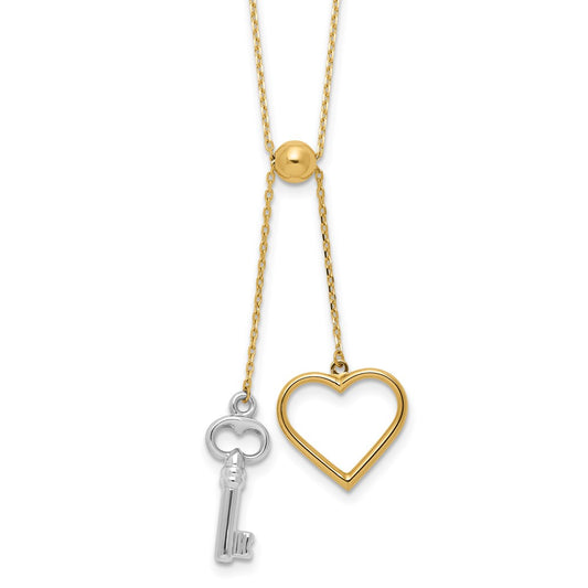 14K Two-tone Polished Adjustable-Dangle Heart and Key Necklace
