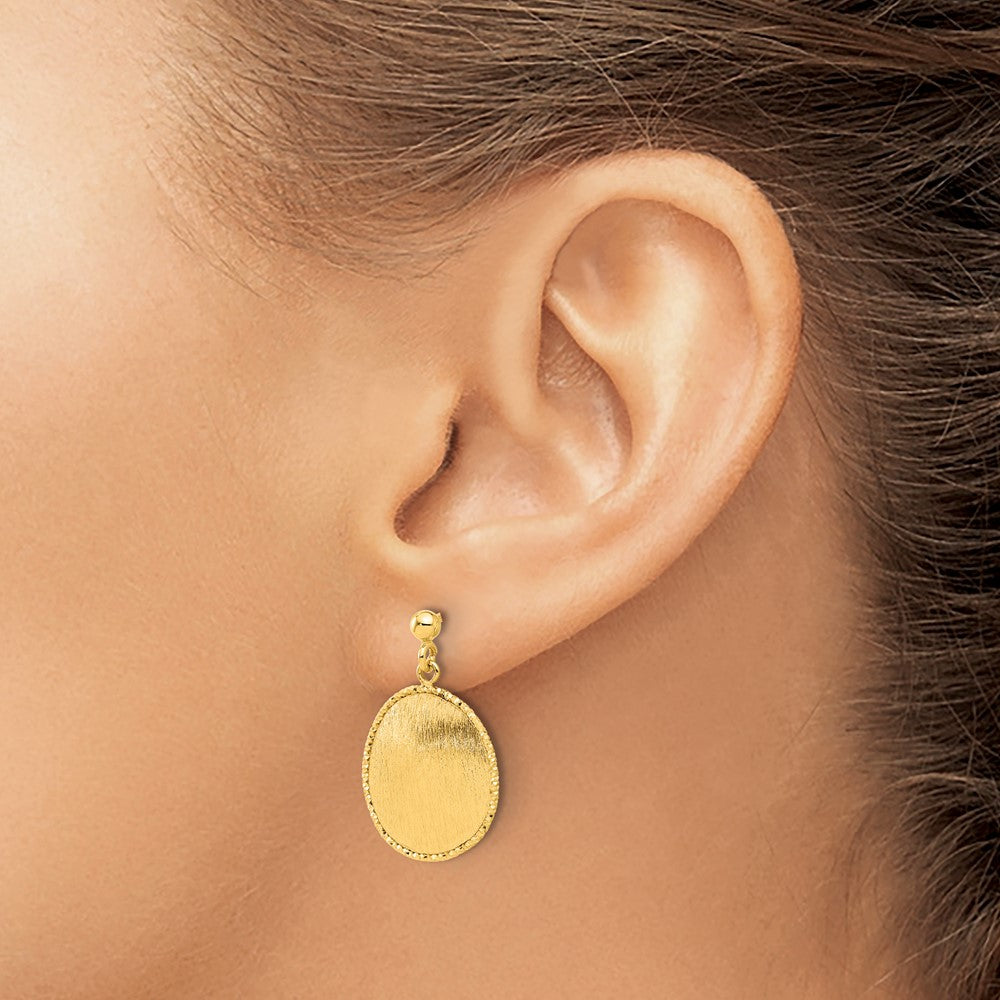 14K Gold Polished & Brushed Diamond Cut Round Dangle Post Earrings
