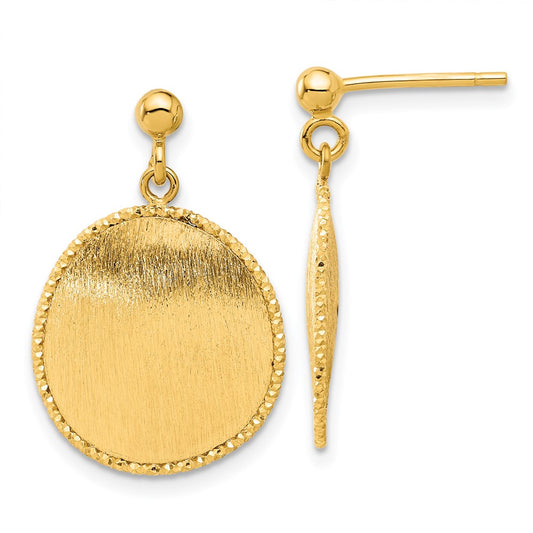 14K Gold Polished & Brushed Diamond Cut Round Dangle Post Earrings