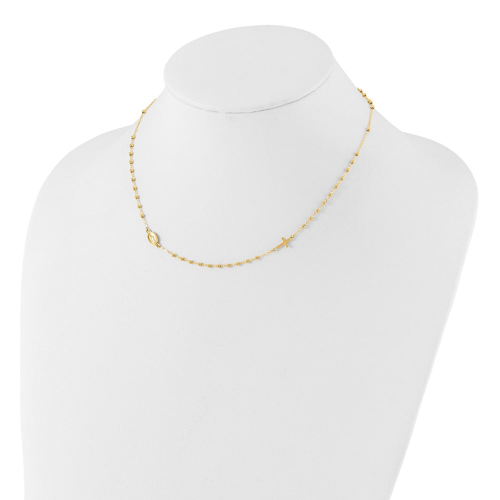 14K Polished Virgin Mary Medal and Cross Rosary Design Necklace