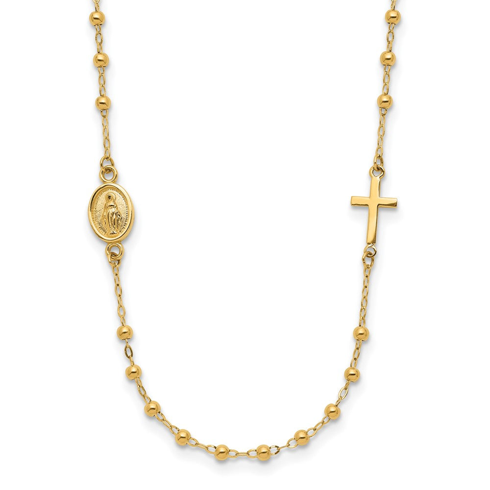 14K Polished Virgin Mary Medal and Cross Rosary Design Necklace