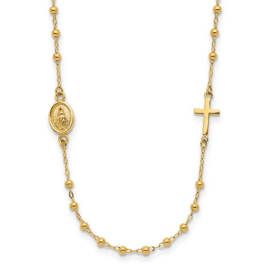 14K Polished Virgin Mary Medal and Cross Rosary Design Necklace