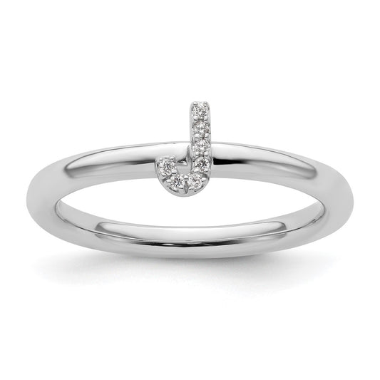 14k White Gold Stackable Diamond Initial J Ring