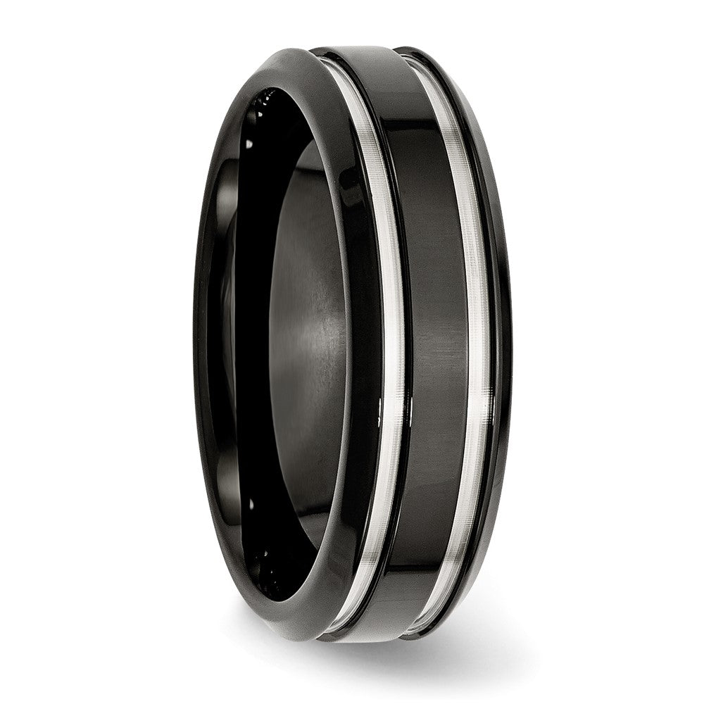 Chisel Stainless Steel Polished Black IP-plated 7mm Grooved Band