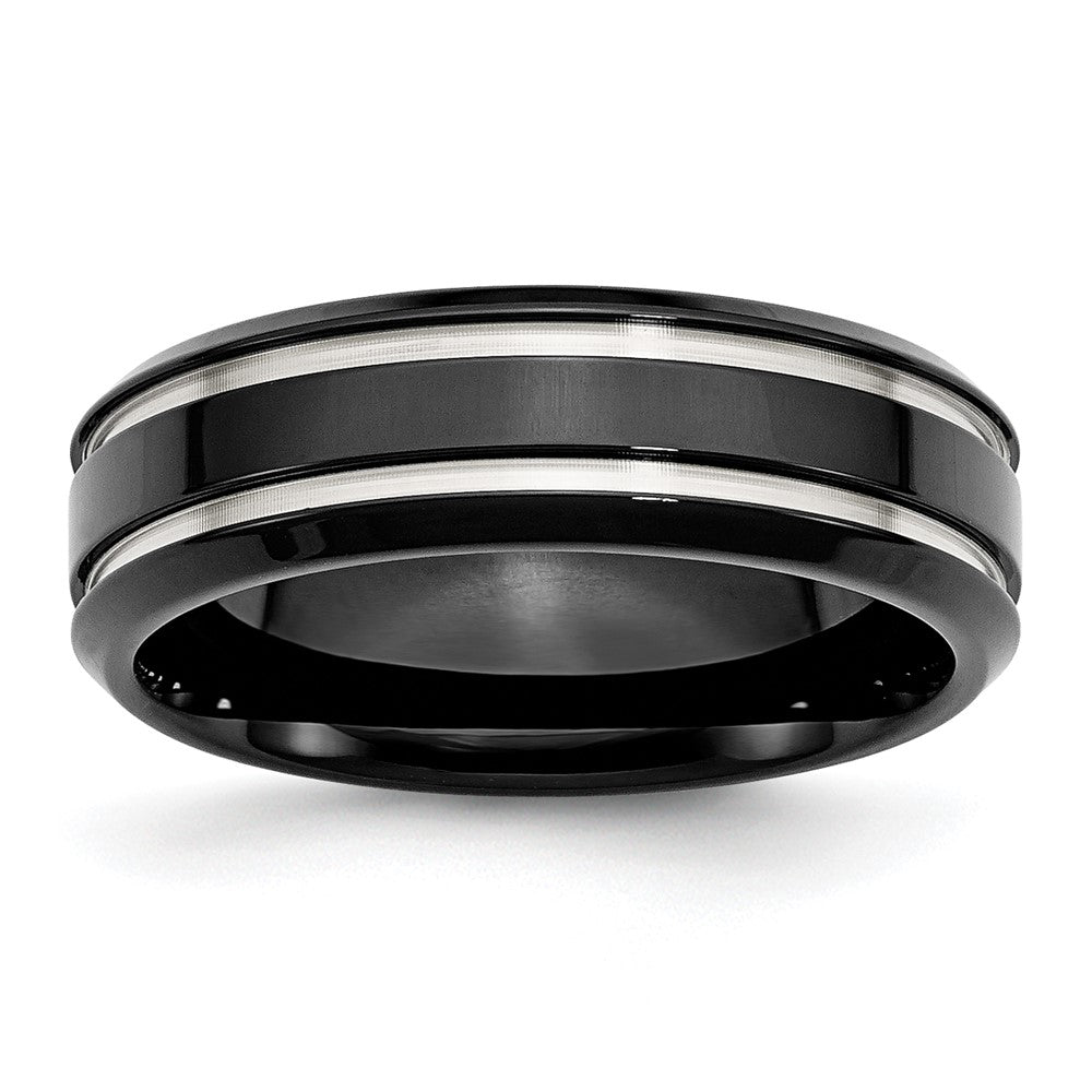 Chisel Stainless Steel Polished Black IP-plated 7mm Grooved Band